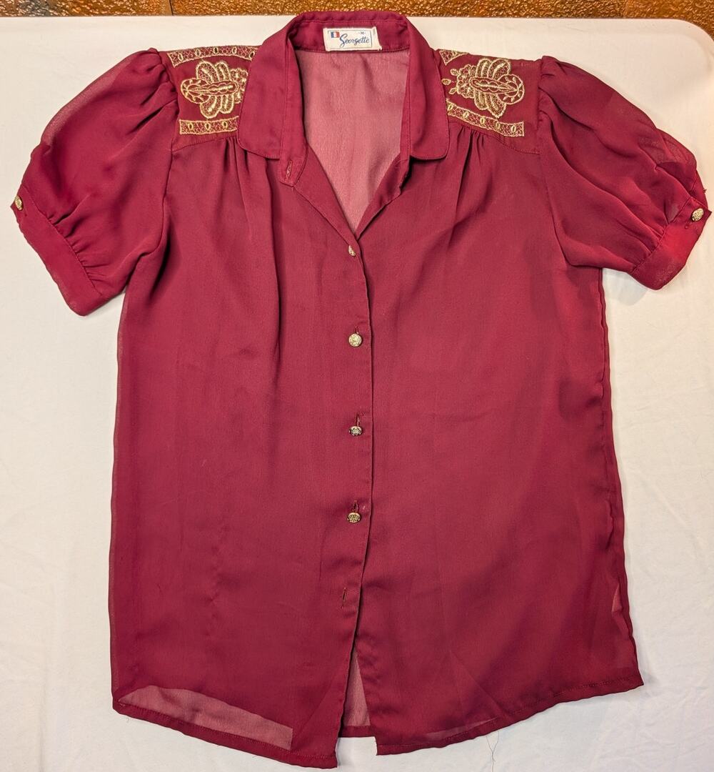 Vintage 70s Embroidered Puff Sleeve Blouse Semi Sheer Sz M Burgundy Gold Retro